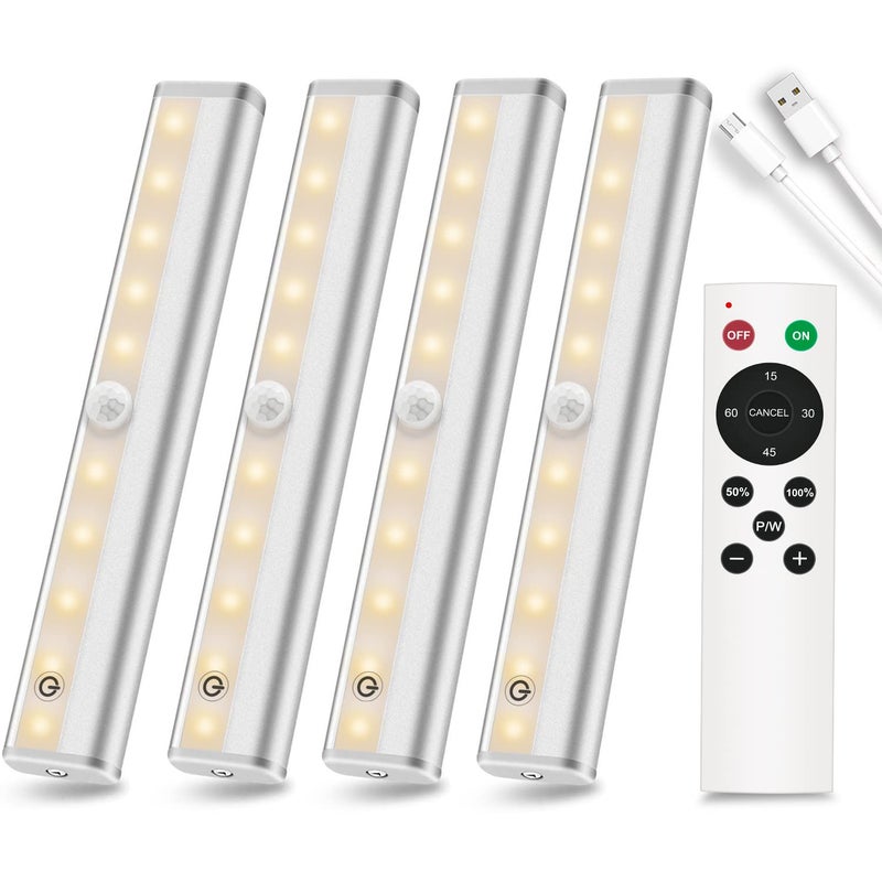 Diomart Under Cabinet Lighting, Wireless Rechargeable Under Counter Lights with Remote Control, 20- LED Dimmable Led Closet Light Stick-on Anywhere Touch Night Light for Kitchen, Wardrobe (4 Pcs) - Image 1